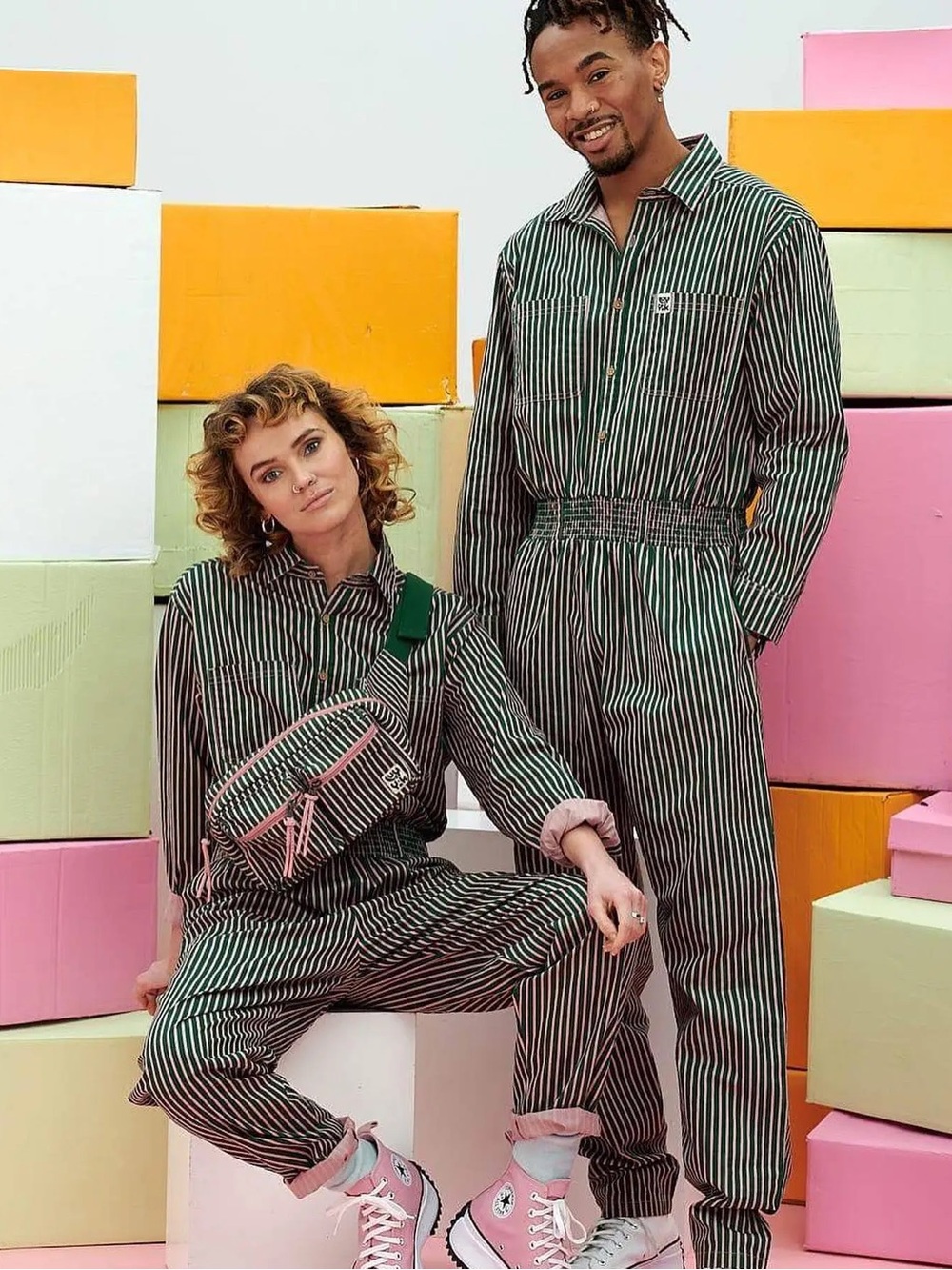 Lucy & Yak Frankie Pinstripe Jumpsuit Green Pink Size Small Unisex
